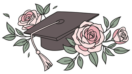 Graduation cap with roses floral graduation illustration academic achievement commencement ceremony education success celebration diploma degree university college school flower roses pink roses gree.