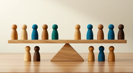 Wooden figures on a seesaw, symbolizing balance, equality, and social dynamics in a conceptual image.