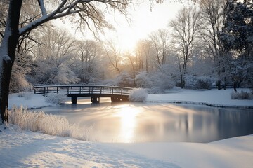 Snowy Winter Landscape with a Bridge