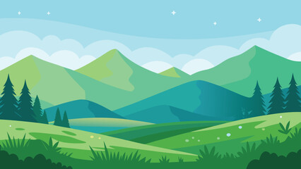 Cartoon Landscape Illustration with Green Mountains, Blue Sky, Trees, and Field Scenery