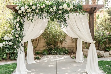 Romantic shaded garden with decorated wedding arch high resolution picture