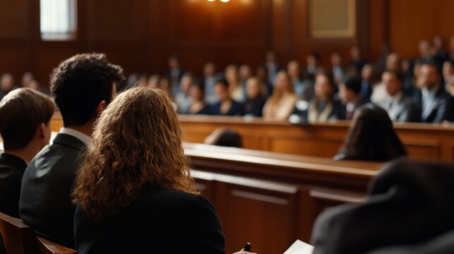Courtroom proceedings legal setting audience observation formal environment engaged viewpoint justice concept