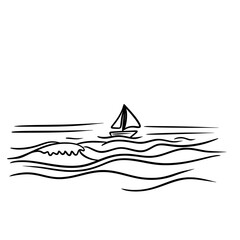 Ocean Waves Line Art – Sunset Beach Sketch Illustration