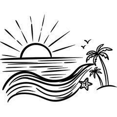 Ocean Waves Line Art – Sunset Beach Sketch Illustration