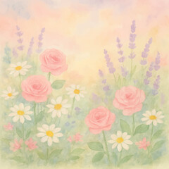 A delicate watercolor garden full of roses, daisies, and lavender, pastel background, dreamy aesthetic in watercolor style 