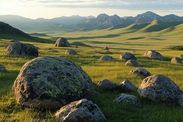 Rocky Landscape with Vast Grasslands