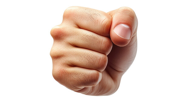 Male hand with a closed fist pointing upwards, symbolizing strength and protest on PNG white background.