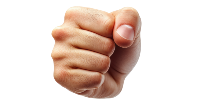Male hand with a closed fist pointing upwards, symbolizing strength and protest on PNG white background.