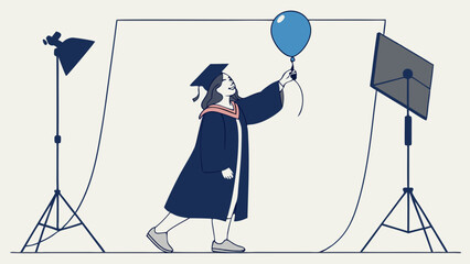 Graduation photoshoot student in cap and gown holding a balloon studio photography celebration achievement success future hope education commencement ceremony diploma degree graduate happy joyful you.