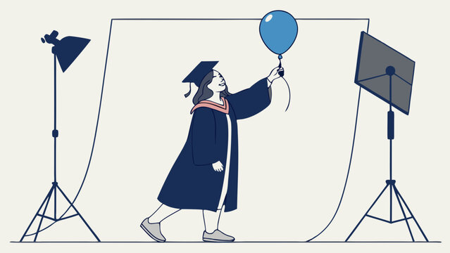 Graduation photoshoot student in cap and gown holding a balloon studio photography celebration achievement success future hope education commencement ceremony diploma degree graduate happy joyful you.