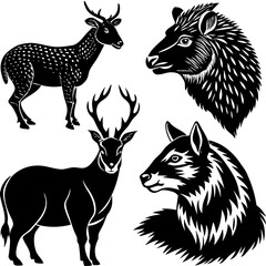 Vector art of a striking assortment of four deer illustrations, each presenting unique antler designs and poses