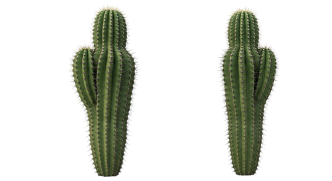 Two identical upright green cacti on white background.