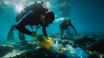 Ocean cleanup divers removing plastic waste coral reef underwater photography marine environment close-up view environmental conservation