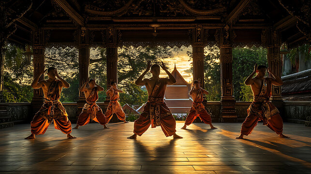 Thai Muay Thai fighters perform the sacred Wai Kru ritual in a temple courtyard, bowing and moving with respect to honor their teachers.