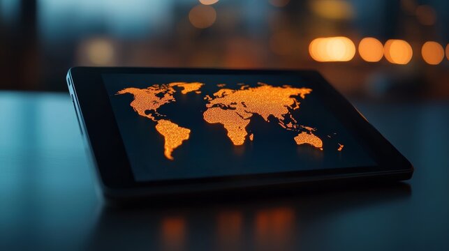 Digital world map on tablet modern office technology display ambient lighting close-up view global connectivity concept