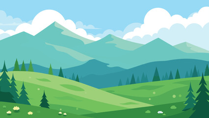 Cartoon Landscape with Green Hills, Mountains, Clouds, and Scattered Trees, Illustration Style