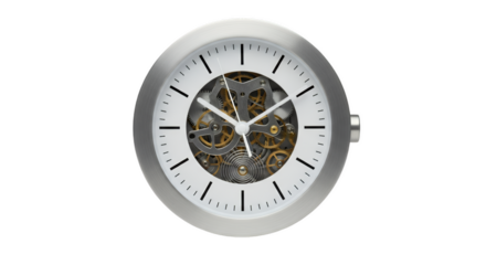 Precision Time: An elegant close-up reveals a modern clock's intricate mechanics, showcasing the art of timekeeping with detailed gears and precise hands.