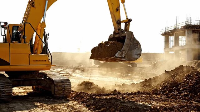 A massive excavator digs into the earth, displacing dirt on a construction site as the sun sets, illuminating the scene with a warm glow. The air is filled with dust and anticipation.