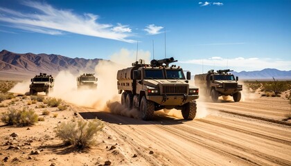Obraz premium Army Trucks Moving in Convoy Across Rugged Dry Desert with Dust Trail Under Sunny Sky, Showcasing Military Vehicles and Mobility 