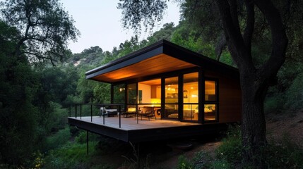 Contemporary cabin retreat forest setting architectural photography modern design evening illumination nature integration for enhanced living