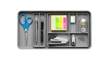 Organized Office Essentials: A top-down view showcasing a neatly organized array of office tools, emphasizing functionality and a clean, modern aesthetic.