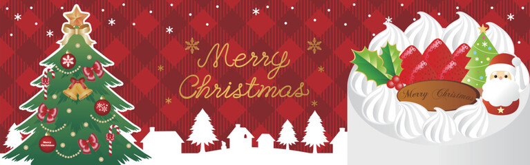 バナー　広告　クリスマス　ケーキ　ツリー　サンタ　街並み　シルエット　フレーム　背景　イラスト