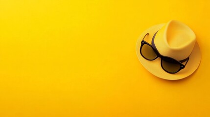 Stylish summer accessories hat and sunglasses on vibrant yellow background product photography bright environment eye-catching design