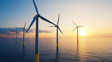 Wind turbines generating clean energy at sunset over the ocean aerial view renewable energy concept in tranquil natural environment
