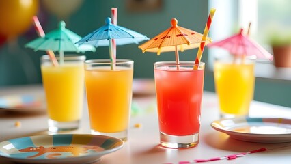 Four refreshing glasses of colorful juice and cocktails with ice and decorative umbrellas, setting a festive mood for a summer birthday party