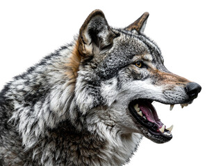 Fototapeta premium Alpha Wolf Head Close-Up with Fierce Expression, Side Angle Portrait, Transparent Background