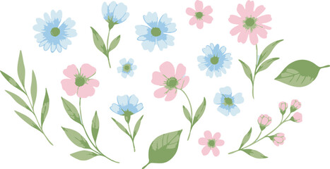 A collection of watercolor-style floral elements including blue and pink flowers, green leaves, and budding branches, arranged on a white background.