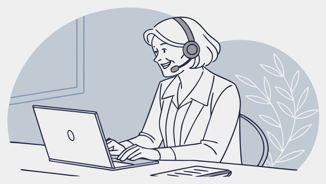 Senior woman using laptop and headset for online communication customer service remote work illustration.