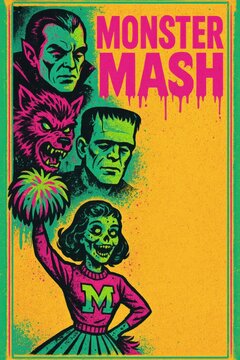 Monster mash cheer squad Halloween poster with copy space. Great for pop culture promotions, retro events, themed parties, and apparel design.  
