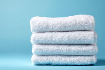 Stack of fresh white cotton bath towels neatly folded on light blue background, spa luxury and hotel comfort concept, clean and minimalist