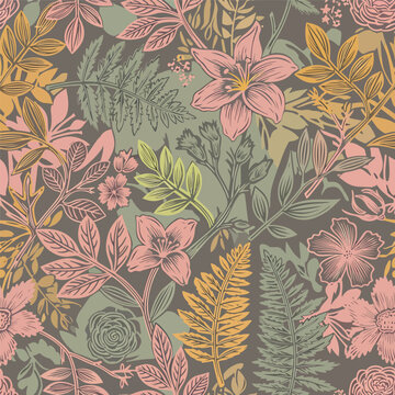 Elegant floral pattern featuring pink lilies, ferns, and botanical elements, patern seamless, Stock royalty.