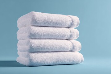 Stack of fresh white cotton bath towels neatly folded on light blue background, spa luxury and hotel comfort concept, clean and minimalist