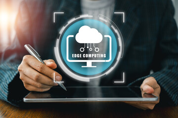 A digital interface illustrating edge computing on a tablet, symbolizing advanced technology and data processing.