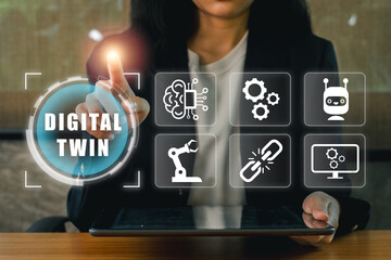 Visual representation of digital twin technology showcasing AI, robotics, and data integration for modern industrial applications.