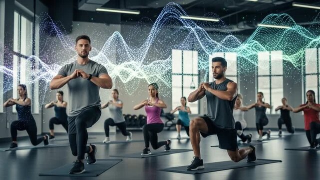 Dynamic Fitness Class: Group Workout with Augmented Reality Visuals in Modern Gym - Powered by Adobe