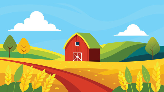 Colorful Cartoon Illustration of a Red Barn, Wheat Field, and Rolling Green Hills