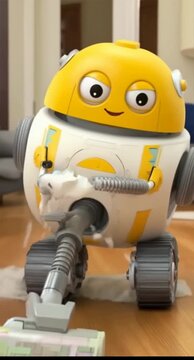 Vacuum cleaner robot animation, consistent character - funny, sweet, happy