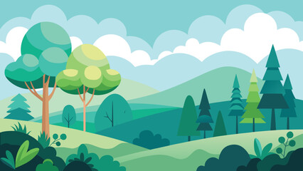Fototapeta premium Colorful Forest Illustration with Trees, Hills, and Sky in Shades of Green and Blue