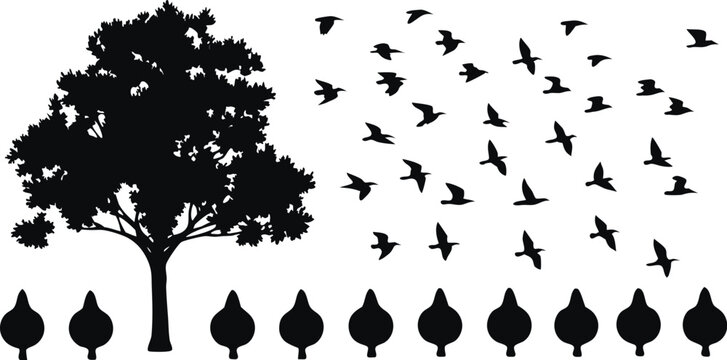 Silhouette of a Tree with Birds Flying and Leaf Shapes illustration