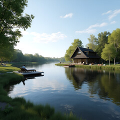 Obraz premium a tranquil lakeside retreat on a sunny day.