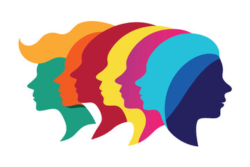 Colorful Row of Silhouette Women Heads, Diversity Concept, Orange, Green, Red, Yellow, Pink, Blue