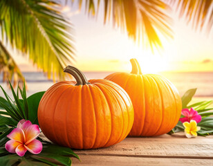 Tropical Pumpkin Paradise — Exotic Fusion Background with Palm Foliage