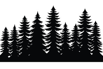 Obraz premium Dense Evergreen Forest Silhouette Illustration with Tall Pine Trees on White Background