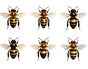 Detailed Scientific Illustration of Six Distinct Bee Species, Top View, Isolated on Transparent Background
