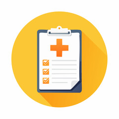 Obraz premium A flat design icon depicting a medical clipboard with a health report and checkmarks on a yellow background.