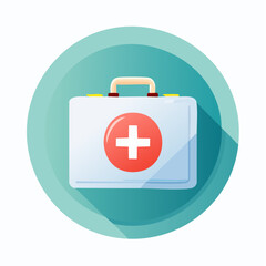 Obraz premium A white first aid kit with a prominent red cross symbol on its front, set against a teal circular background in a flat design style.